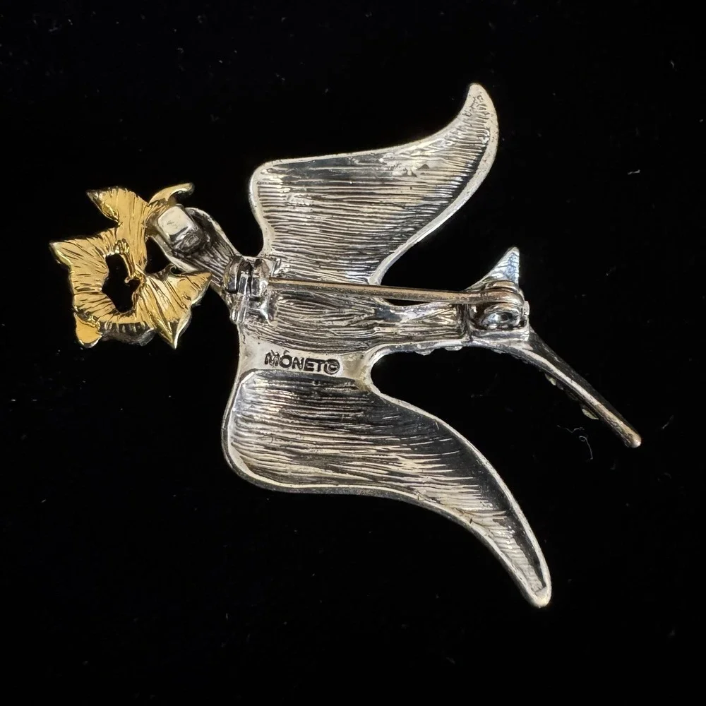 Vintage Monet Peace Dove Brooch Pin Rhinestone Silver Gold Tone Bird 2.5